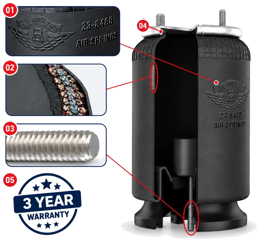 Cutaway of an MVP air spring with numbered close-ups: the MVP logo and part number molded into the rubber, the reinforced rubber wall, a 4140 alloy steel stud, the sealed top plate, and a 3-year warranty badge